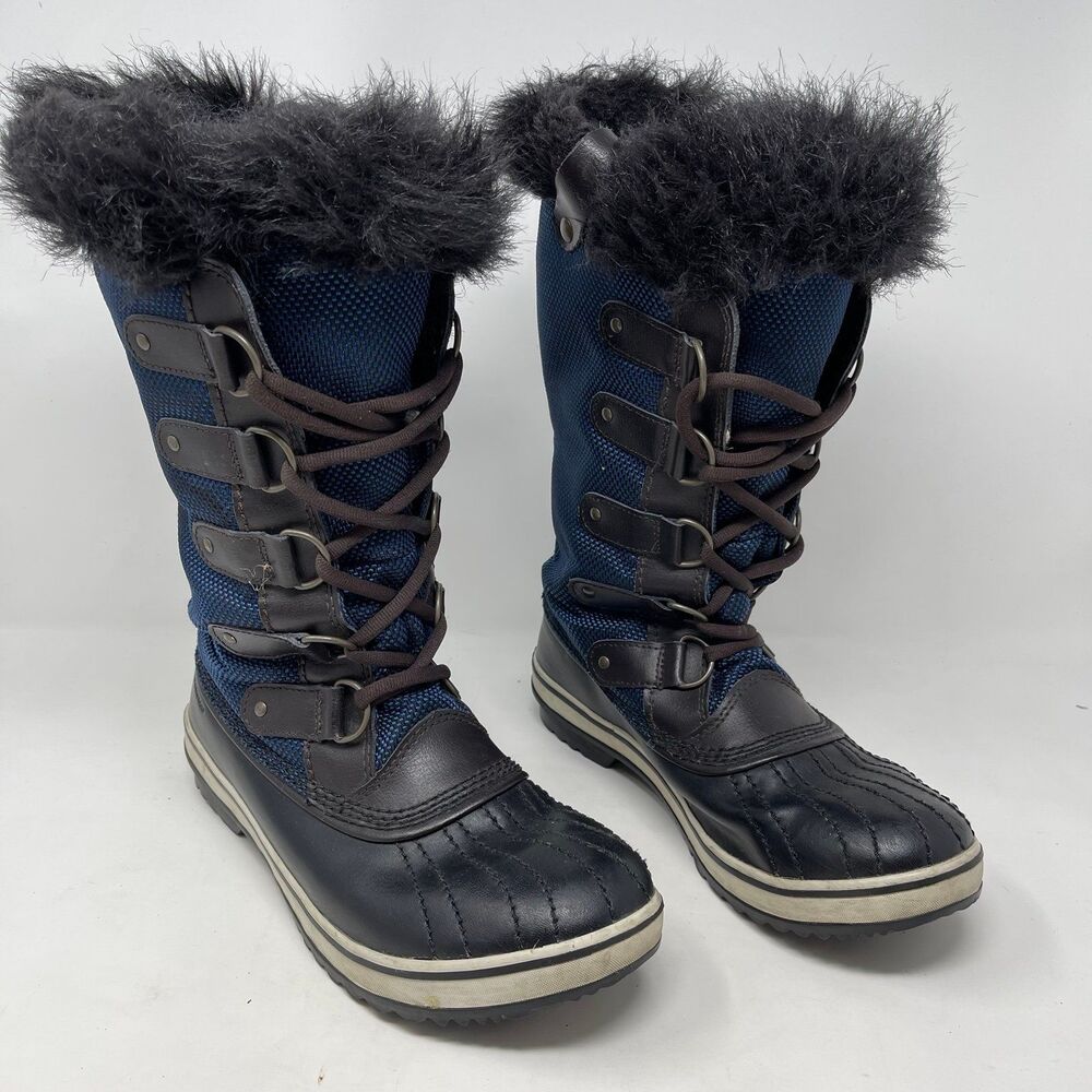 Sorel Tofino Blue Black Faux Fur Waterproof Tall Duck Boots 8